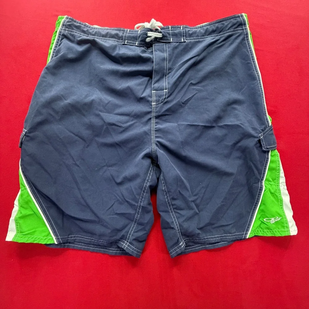 Vintage Y2K SURF OP Sport Mens Board Shorts Navy Blue Green Colorblock‎ Trunks L